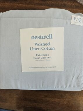 NWT! NESTWELL Washed Linen Cotton Full/Queen Duvet Cover Set - Light Blue